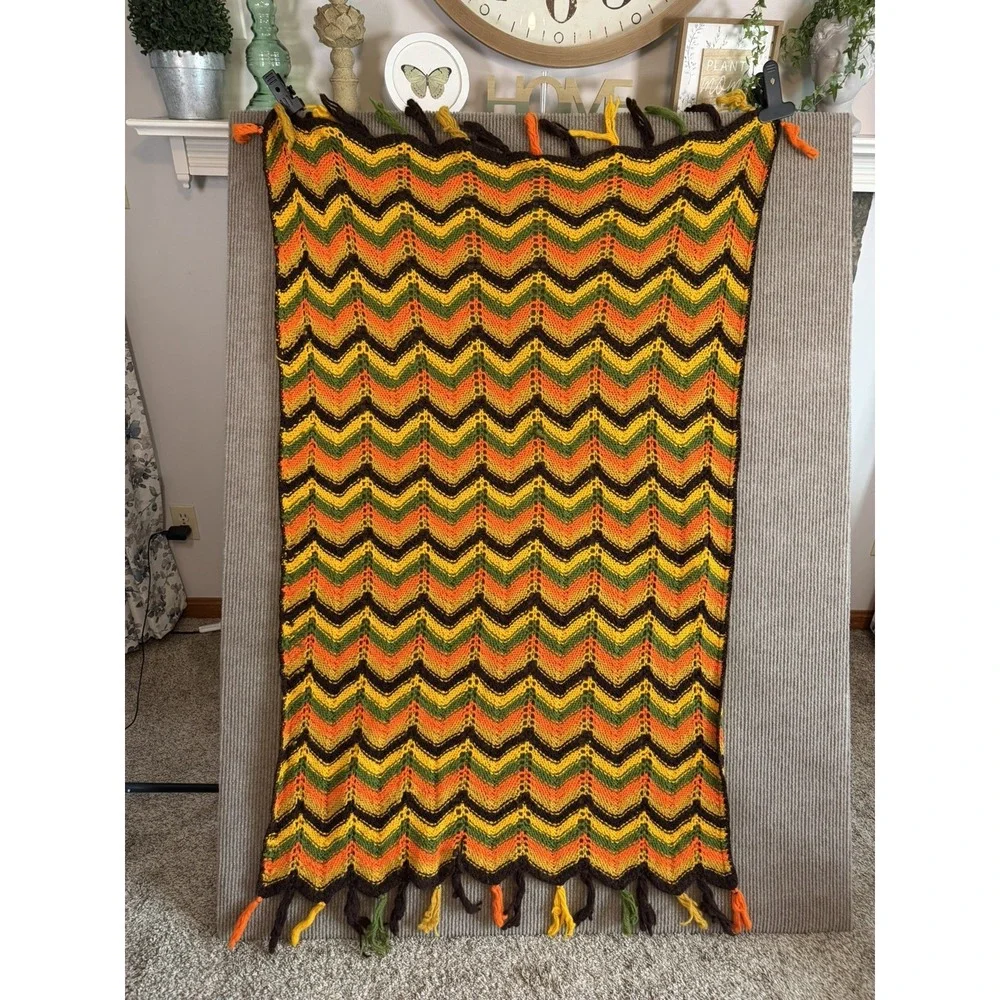 VTG Afghan Chevron Crochet Zig Zag Throw Yellow Orange That 70's Show Boho Retro